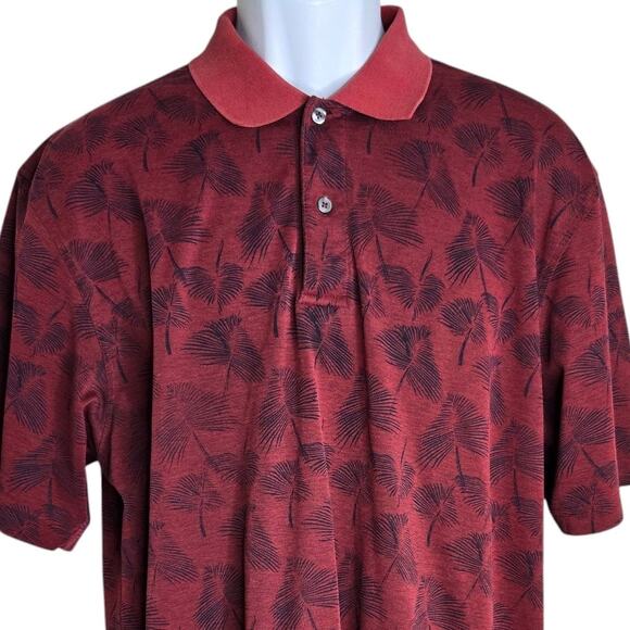Izod Mens Polo Shirt Large Tropical Print Palm Leaves Maroon Vacation‎ Golf - Picture 2 of 5